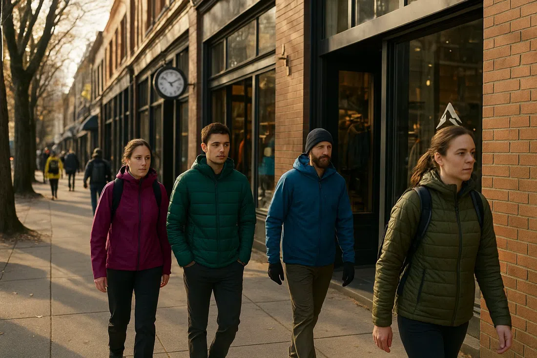 der Einkaufsstreifen an der West 4th mit Arc'teryx- und Patagonia-Geschäften, Fußgängern in technischer Oberbekleidung und Nachmittagslicht auf dem Bürgersteig