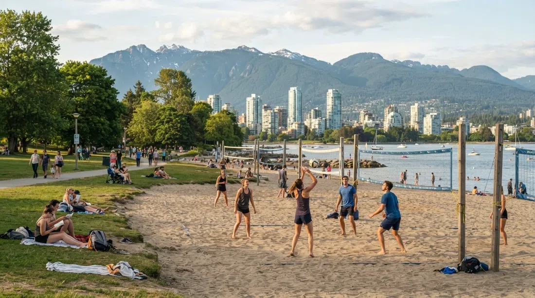 Kitsilano Beach am späten Nachmittag mit Volleyballnetzen, Sand, grünem Parkrand und der Downtown-Skyline sowie den North Shore Mountains über English Bay