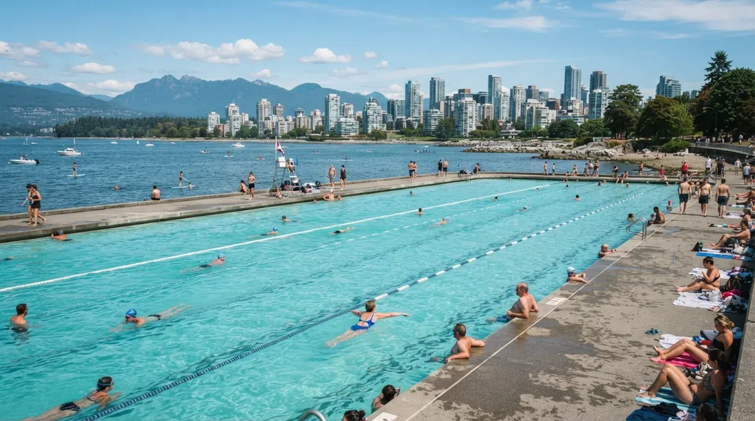 Kitsilano Pool entlang der Uferlinie neben English Bay, lange Salzwasserbahnen mit Ozean und Skyline dahinter an einem hellen Sommertag