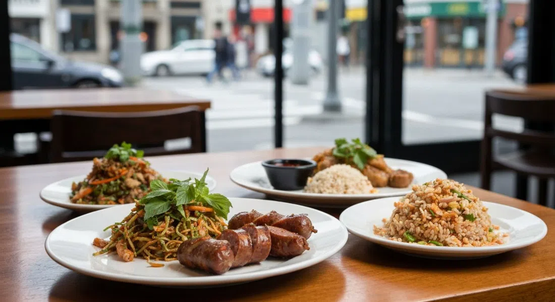 angerichtete thailändische Gerichte bei Maenam an der West 4th, Familienart-Gerichte mit Kräutern, gegrillter Wurst und knusprigem Reissalat auf einem warmen Restauranttisch