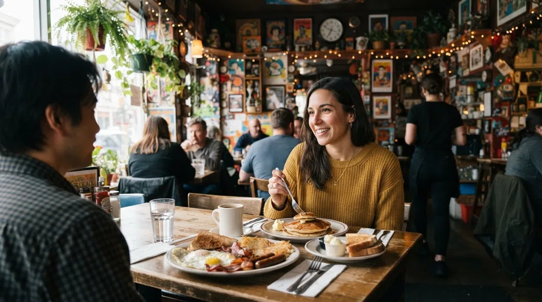 der Retro-Pflanzen gefüllte Speiseraum bei Sophie's Cosmic Cafe mit dem 4th Avenue Lumberjack Breakfast auf dem Tisch