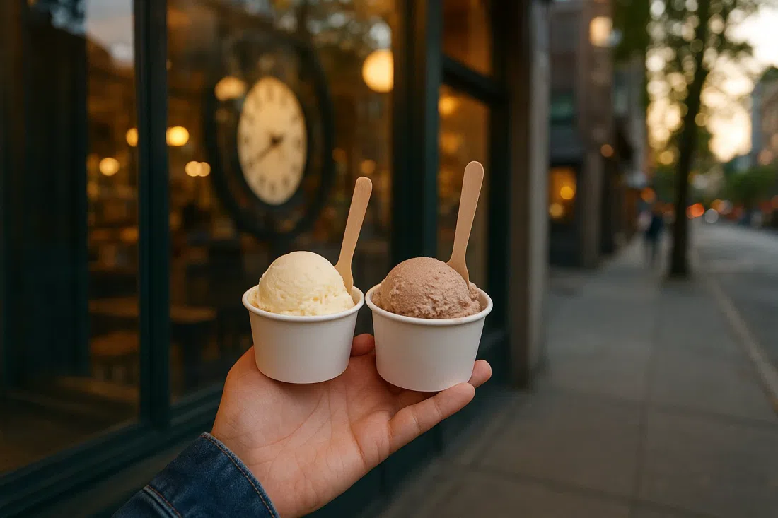 Kugeln handwerklich hergestellter Eiscreme bei Rain or Shine an der West 4th, einschließlich einer laktosefreien Sorte, serviert am Schaufenster im Abendlicht