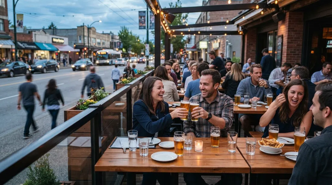 der erhöhte Straßen-Biergarten bei Darby's an einem warmen Abend mit Biergläsern und vorbeiziehenden Fußgängern an der West Broadway