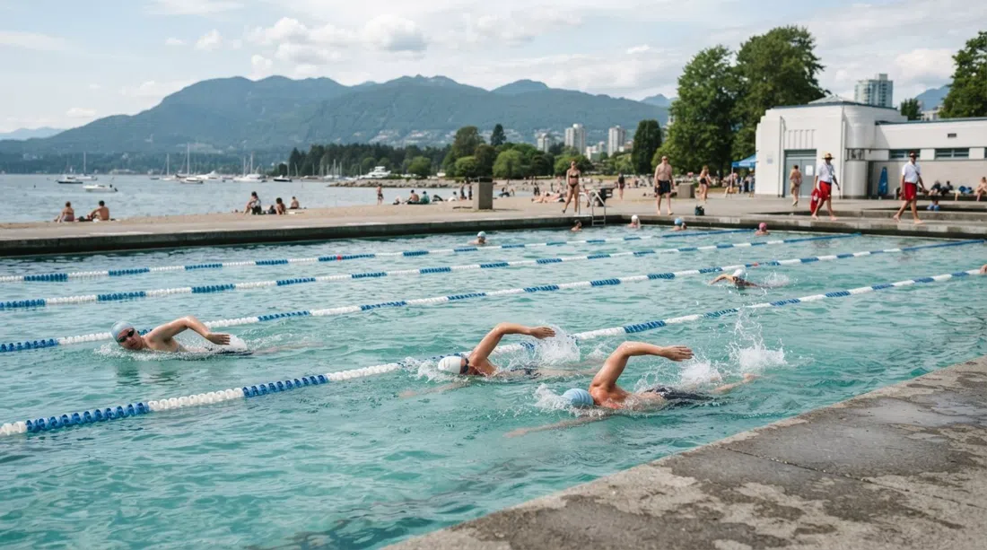 Schwimmer im Kitsilano Pool an einem Sommernachmittag, mit der Uferlinie und English Bay sichtbar jenseits der Bahnseile