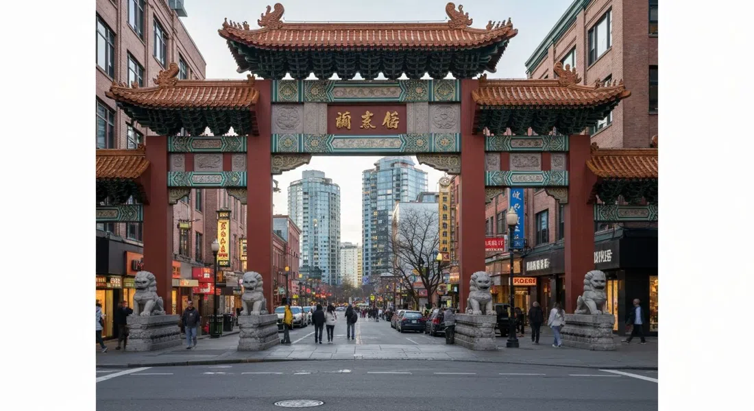 el Millennium Gate sobre West Pender en Chinatown, arcos de tejas de terracota y leones de granito a la luz del atardecer