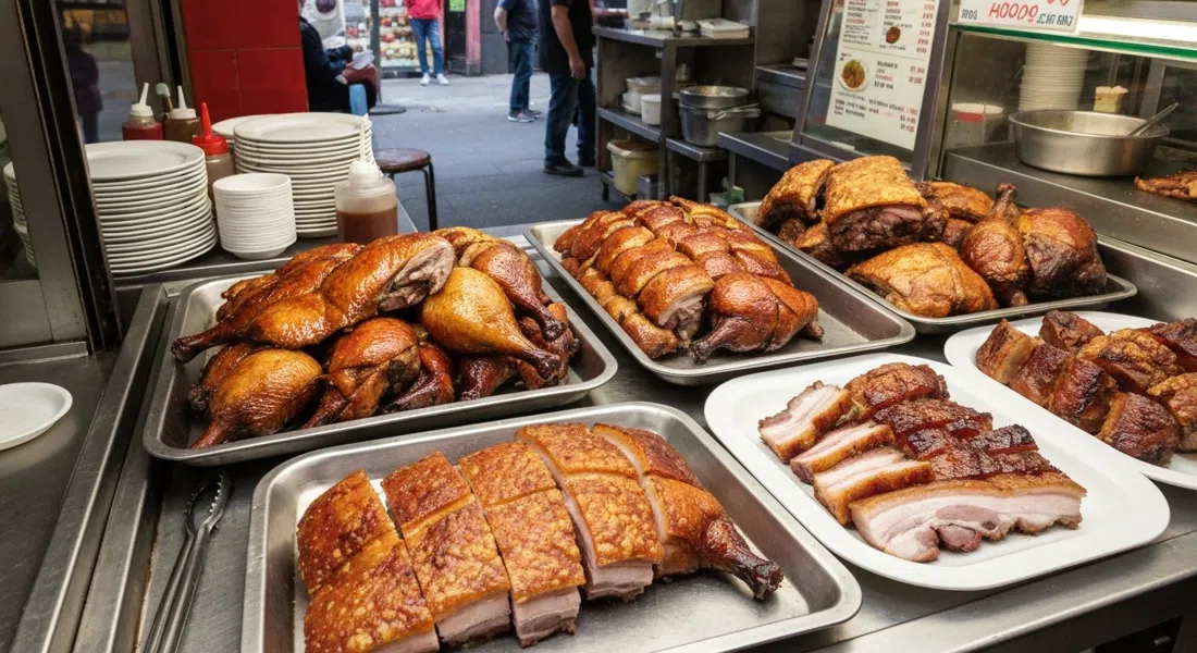 pato asado, panceta crujiente y char siu en Chinatown BBQ en East Pender, carnes brillantes detrás del mostrador en un local compacto de escuela antigua