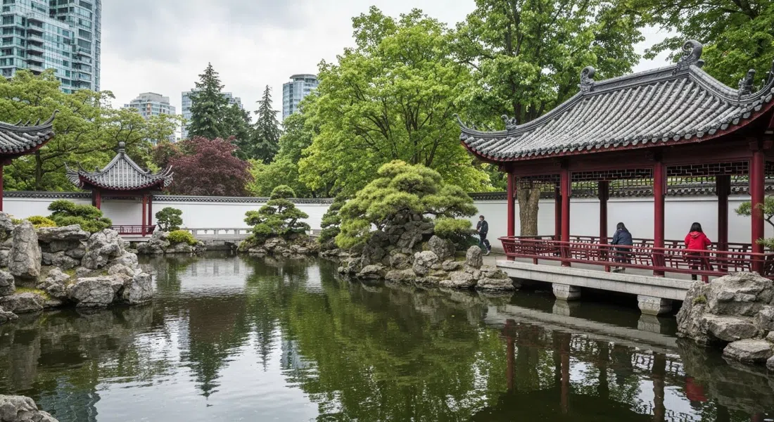 un estanque tranquilo y un pabellón en el Dr. Sun Yat-Sen Classical Chinese Garden en Carrall, trabajo de rocas y detalles de celosías con luz suave