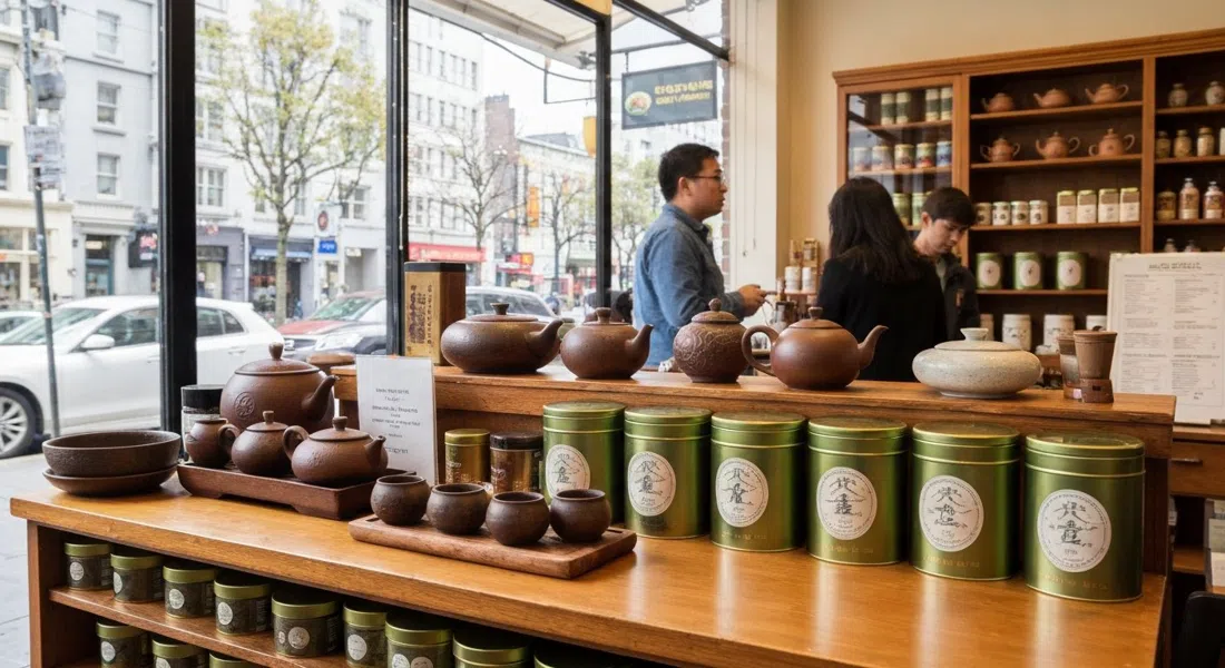 cata de té a granel en Treasure Green Tea Company en East Georgia, vajilla Yixing y latas de oolong dispuestas en un mostrador de madera