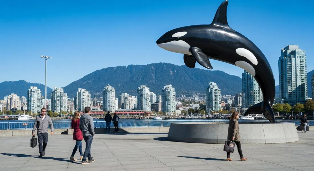 Escultura Digital Orca de Douglas Coupland en Jack Poole Plaza con el puerto de Vancouver y las montañas de la Costa Norte detrás en luz diurna clara