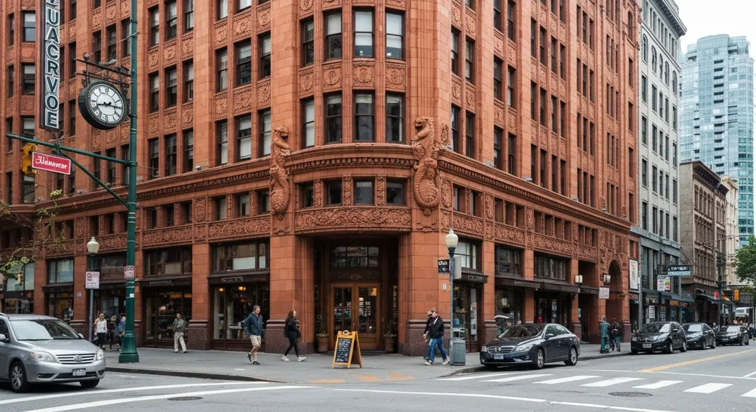 La fachada ornamentada de terracota del Marine Building de Vancouver en Burrard Street, tomada desde el nivel de la calle con detalles Art Déco y caballitos de mar visibles