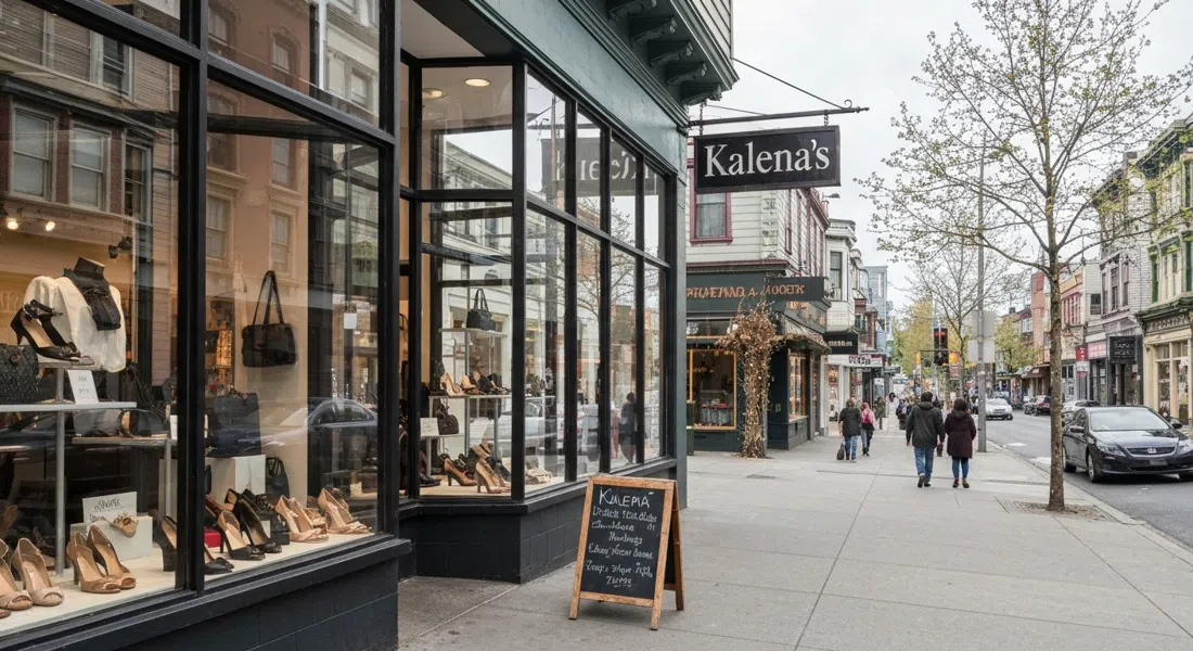 Fachada de Kalena's en 1526 Commercial en una tarde soleada, zapatos y bolsos italianos exhibidos detrás del escaparate en Commercial Drive