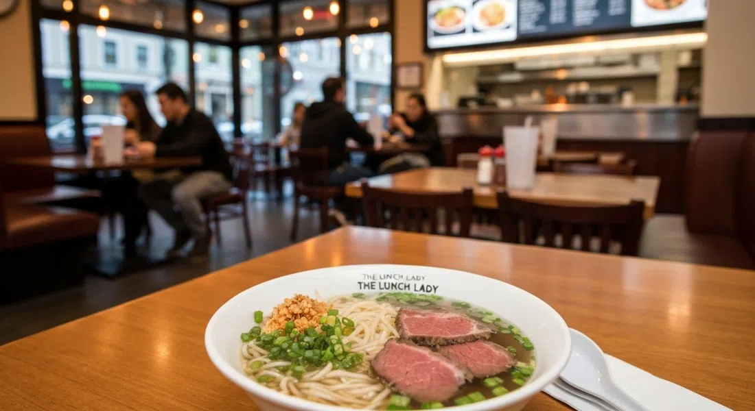 The Lunch Lady en 1046 Commercial, con un tazón de pho de wagyu y fideos con ajo sobre la mesa, luz cálida de restaurante y un comedor concurrido al fondo