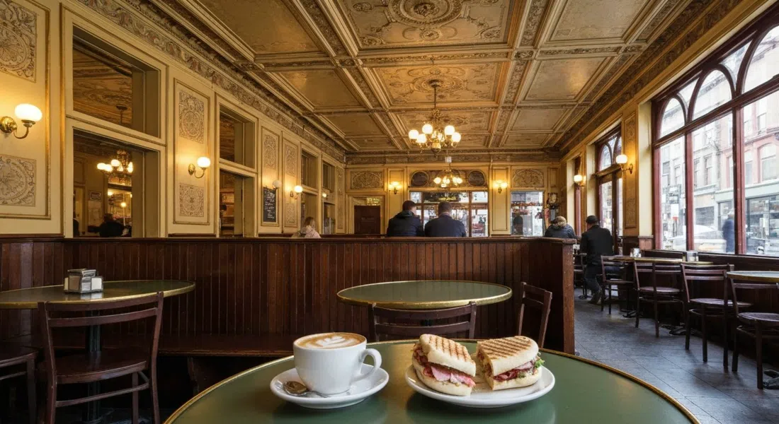 Interior vintage de Café Calabria en 1745 Commercial, detalles del techo barroco sobre un macchiato y un panini en una mesa pequeña