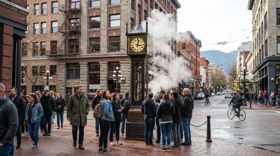 Gastown Steam Clock på hjørnet af Water og Cambie ved en travl kvartertime, damp stiger gennem mængden bag heritage-mursten bygninger
