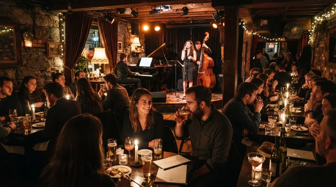 det stearinlysoplyste kælderlokale på Guilt & Co. på Maple Tree Square, lille scene oplyst til et live jazz-sæt og borde tæt sammen