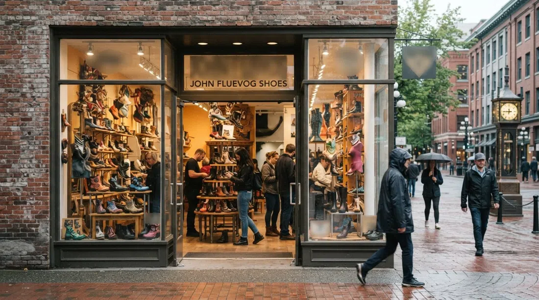 John Fluevog Shoes' flagskibsbutik med glasfacade på Water Street, skulpturelle sko synlige indenfor i blødt dagslys