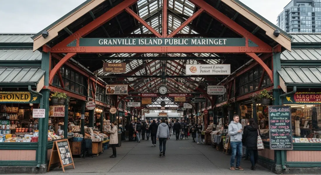 la entrada del Mercado Público de Granville Island en una mañana entre semana, con puestos de vendedores, letreros colgantes y primeros compradores moviéndose por el cobertizo patrimonial