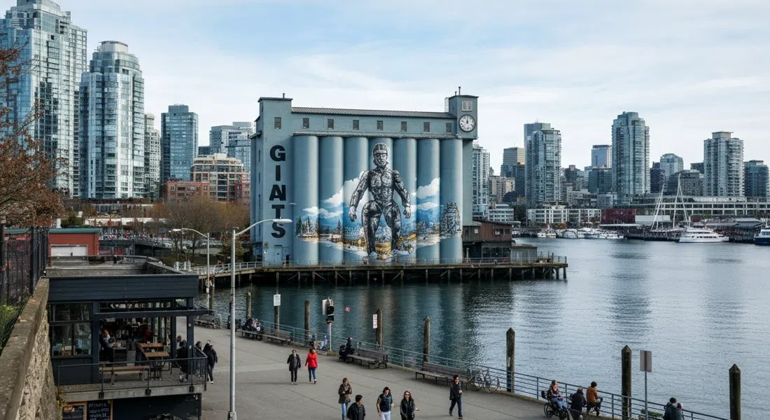 los seis silos pintados de Ocean Concrete con el mural de los Giants elevándose sobre Granville Island, False Creek y el horizonte del centro al fondo