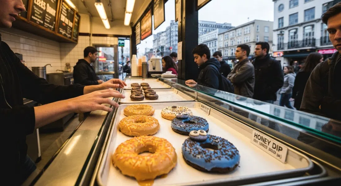 un mostrador en Lee's Donuts con rosquillas bañadas en miel y anillos Cookie Monster bajo luces brillantes del mercado, manos alcanzando la vitrina