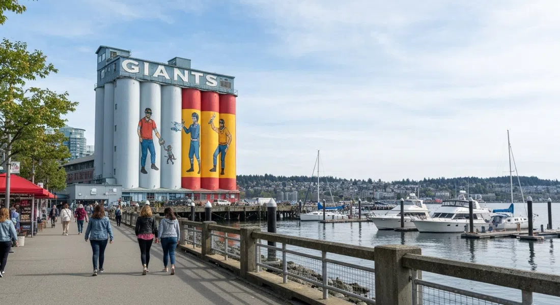 Los silos de los Gigantes en Ocean Concrete vistos desde el sendero del malecón, con figuras murales brillantes que se elevan sobre peatones y botes amarrados