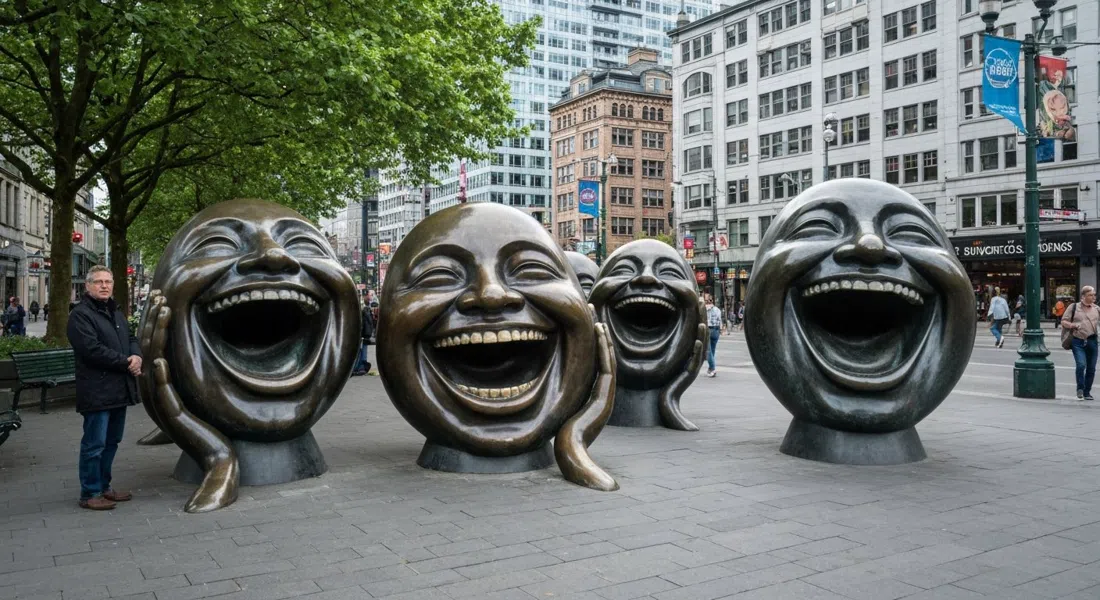 Figuras de bronce de A-maze-ing Laughter en Morton Park, al pie de Davie Street, sus enormes caras riendo captan la luz suave de la tarde