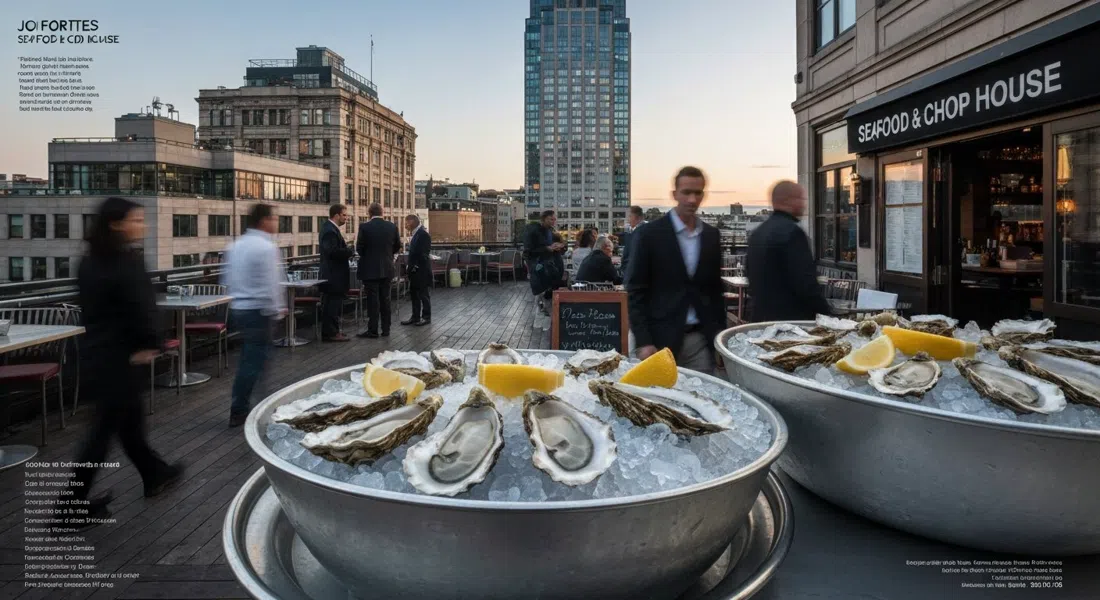 Joe Fortes Seafood & Chop House con ostras sobre hielo y el ambiente de la terraza sugerido por la luz del atardecer que entra por las ventanas