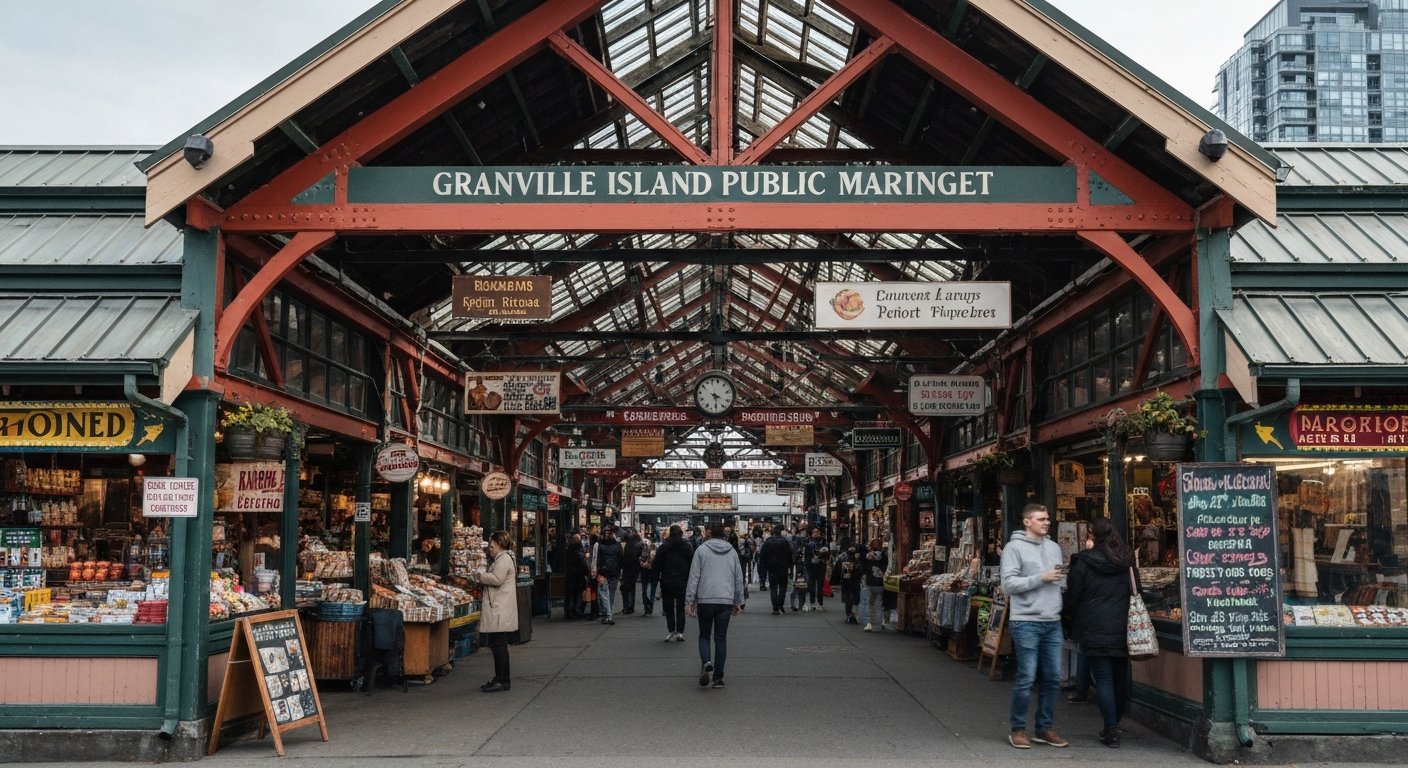 the Granville Island Public Market entrance at weekday morning, with vendor stalls, hanging signs and early shoppers moving through the heritage shed