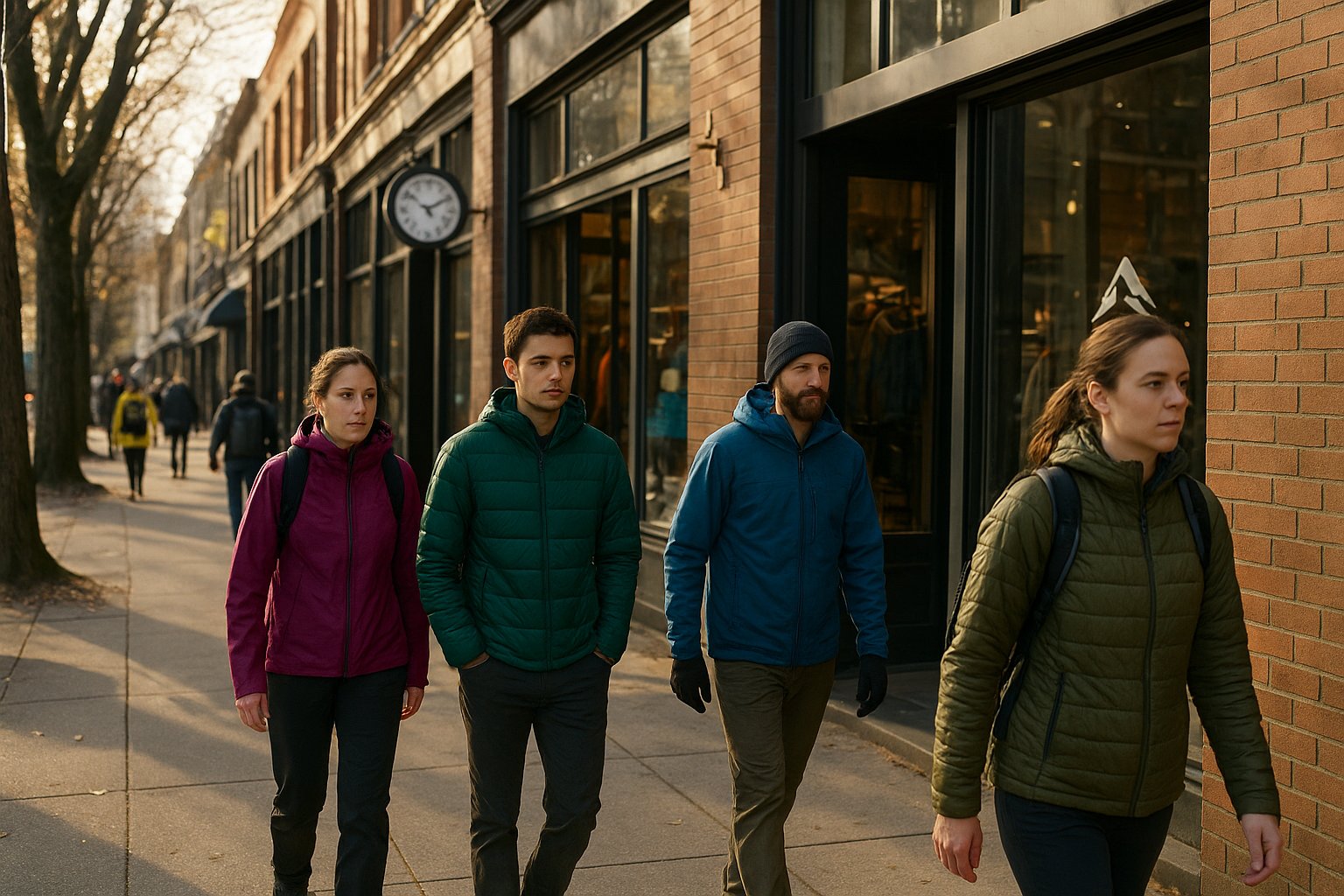 the West 4th shopping strip with Arc'teryx and Patagonia storefronts, pedestrians in technical outerwear and afternoon light on the sidewalk