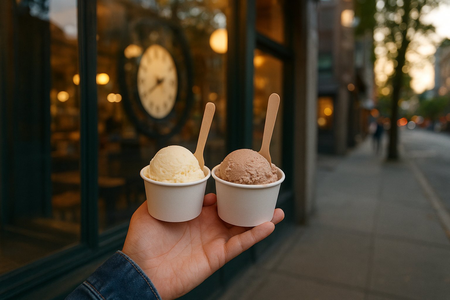 scoops of small-batch ice cream at Rain or Shine on West 4th, including a dairy-free flavour, served near the shop window in evening light