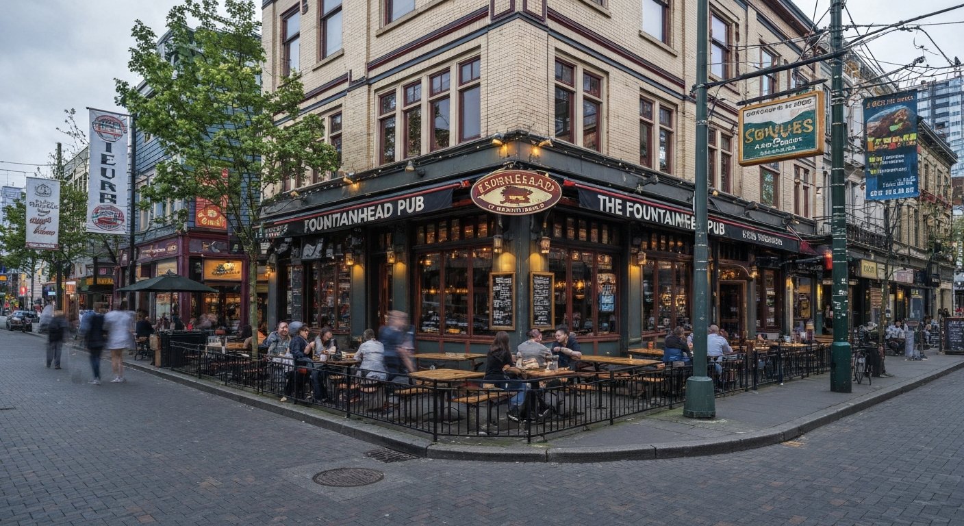 The Fountainhead Pub on Davie Street, big patio tables under evening light with the corner pub frontage and rainbow Village energy